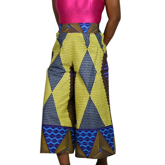 Grass Fields Ankara Wide Leg Crop Pants Yellow Gaucho African Print Small Medium - Picture 14 of 15